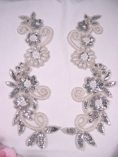 Silver and Pearl  Mirror Pair Sequin Beaded Appliques 0183