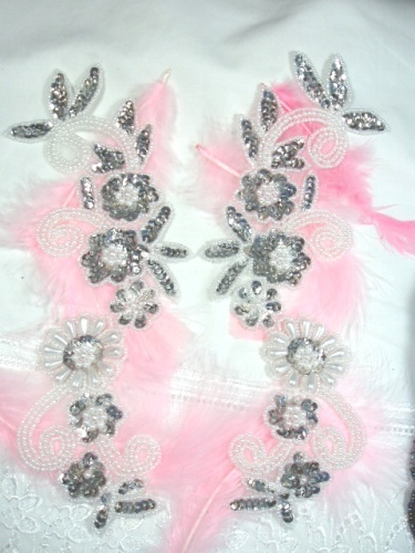 0183 Silver Sequins White Beads Mirror Pair Sequin Appliques