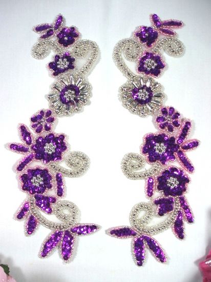 Purple and Silver Mirror Pair Sequin Beaded Appliques 0183