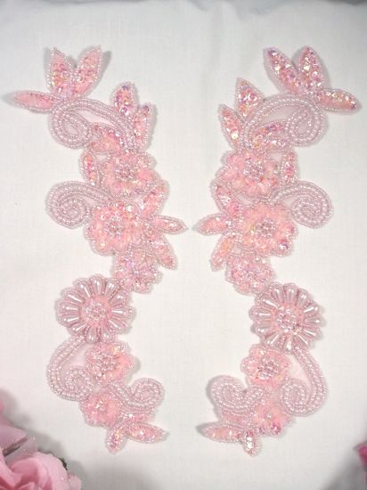 Pink Crystal AB Mirror Pair Sequin Beaded Appliques 0183