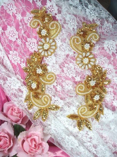Gold and Pearl  Mirror Pair Sequin Beaded Appliques 0183