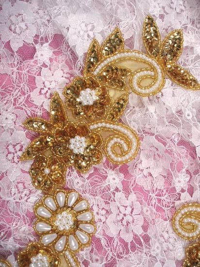 Gold and Pearl  Mirror Pair Sequin Beaded Appliques 0183