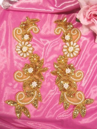 Gold and Pearl  Mirror Pair Sequin Beaded Appliques 0183