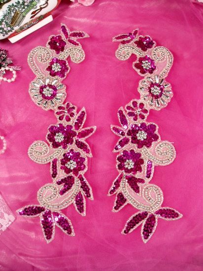 Fuchsia & Silver Mirror Pair Sequin Beaded Appliques 0183