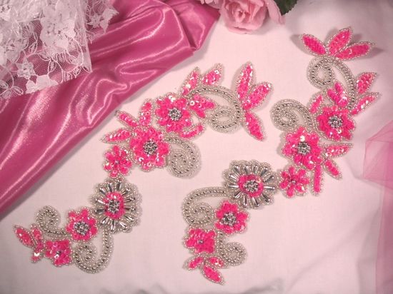 Neon Hot Pink & Silver  Mirror Pair Sequin Beaded Appliques 0183