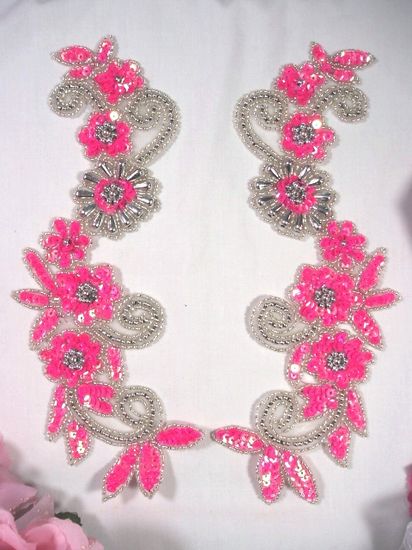 Neon Hot Pink & Silver  Mirror Pair Sequin Beaded Appliques 0183