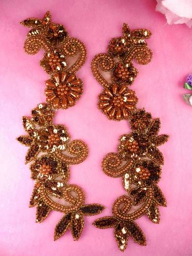 0183  Bronze Mirror Pair Sequin Beaded Appliques 10"