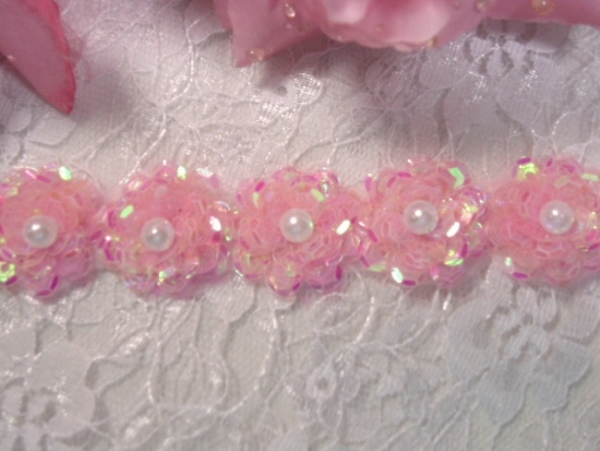 0184 Pink Flowers Sequin Beaded Applique or Trim