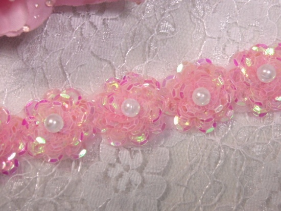 0184 Pink Flowers Sequin Beaded Applique or Trim