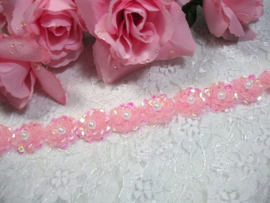 0184 Pink Flowers Sequin Beaded Applique or Trim