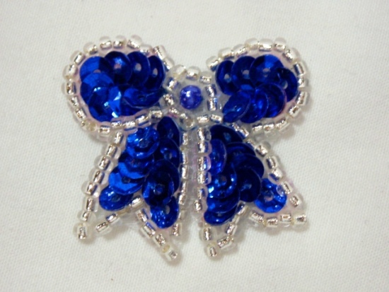 0185  Blue & SIlver Bow Sequin Beaded Applique 1.25"