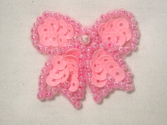 0185  Pink Bow Sequin Beaded Applique 1.25"
