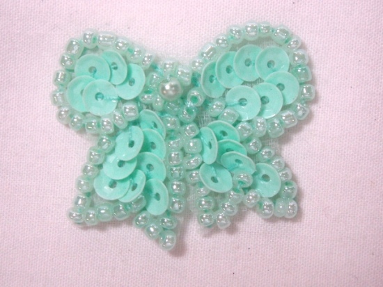 0185  Mint Green Bow Sequin Beaded Applique 1.25"