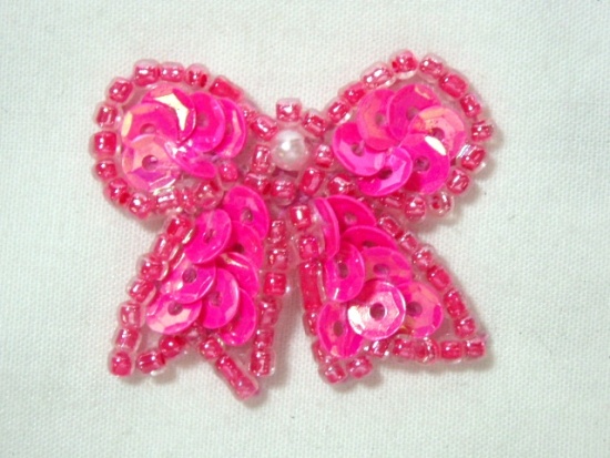 0185  Neon Pink Bow Sequin Beaded Applique 1.25"