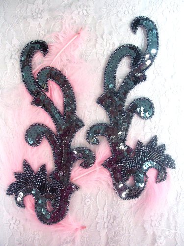 0020 Gunmetal Mirror Pair Sequin Beaded Appliques 8"