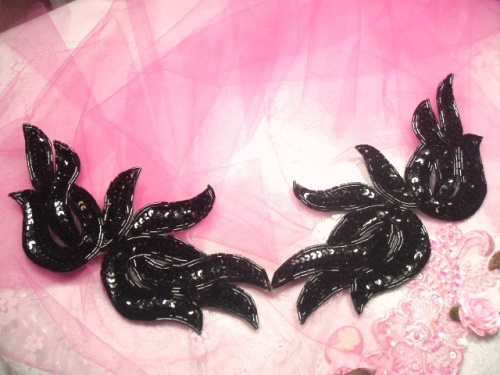 0202  Black Mirror Pair Sequin Beaded Appliques 9"