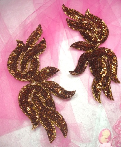 0202  Bronze Mirror Pair Sequin Beaded Appliques 9"