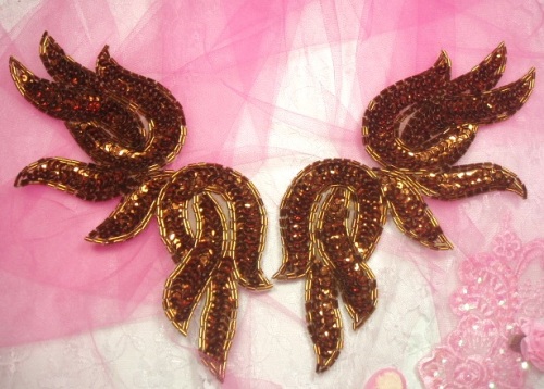 0202  Bronze Mirror Pair Sequin Beaded Appliques 9"