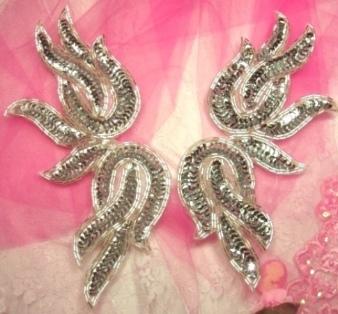 0202  Silver Mirror Pair Sequin Beaded Appliques 9"
