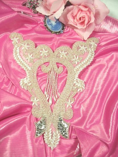 0203 Silver Pearl Dangle Bodice Beaded Sequin Applique 7.75"