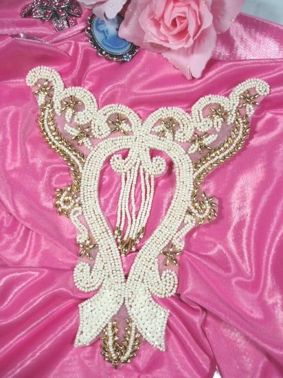 0203 Ivory Gold Dangle Bodice Beaded Sequin Applique 7.75"