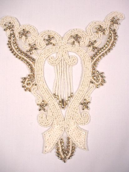 0203 Ivory Gold Dangle Bodice Beaded Sequin Applique 7.75"