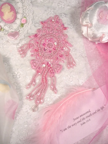 0204 Pink AB Venise Lace Sequin Beaded Applique 7.5"
