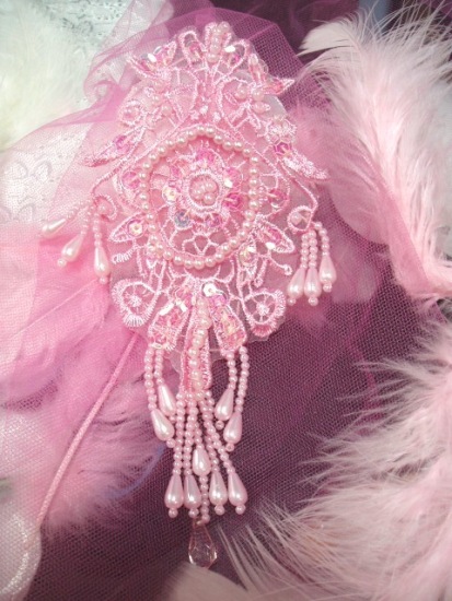 0204 Pink AB Venise Lace Sequin Beaded Applique 7.5"