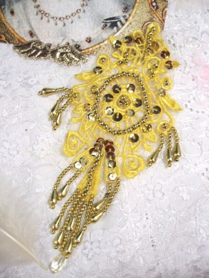0204 Gold Venise Lace Sequin Beaded Applique 7.5"