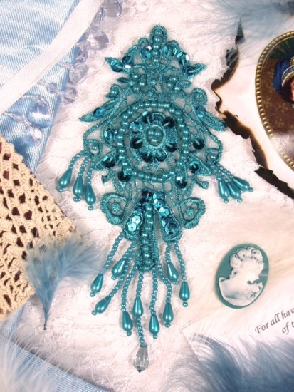 0204  Turquoise Venise Lace Sequin Beaded Applique 7.5"