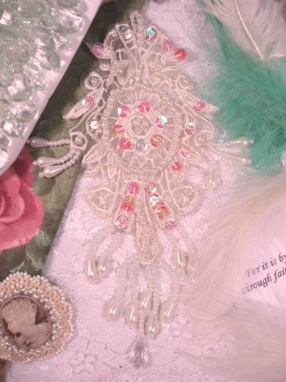 0204 Ivory Venise Lace Sequin Beaded Applique 7.5"