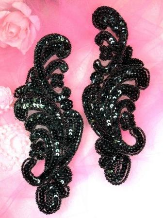 0207 Black Mirror Pair 8"  Beaded Sequin Appliques