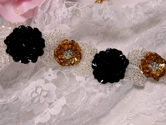 0211  Black and Gold Floral Sequin Beaded Trim