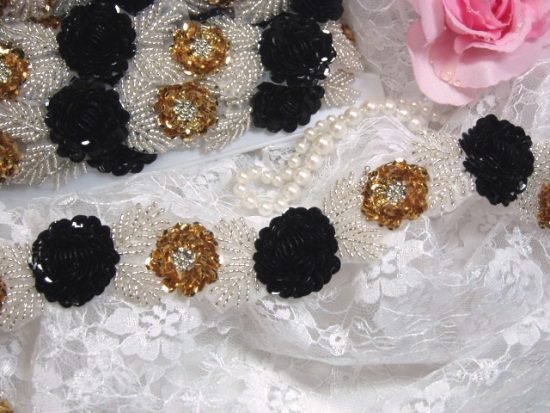 0211  Black and Gold Floral Sequin Beaded Trim