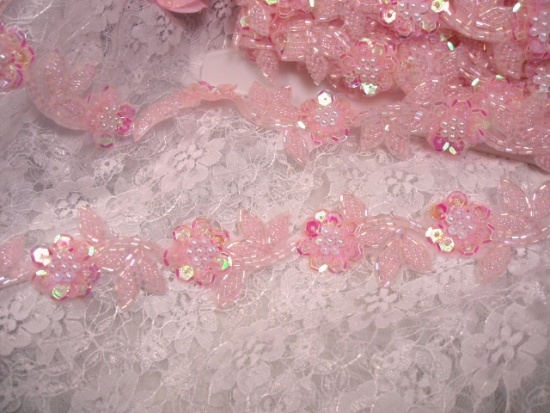 0213  Pink Crystal Flower Sequin Beaded Applique or Trim