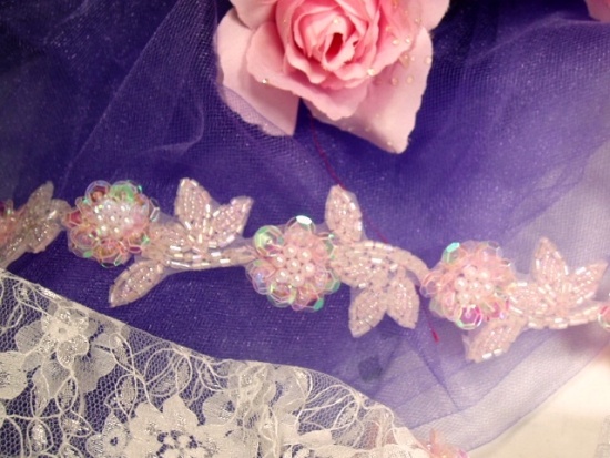 0213  Pink Crystal Flower Sequin Beaded Applique or Trim