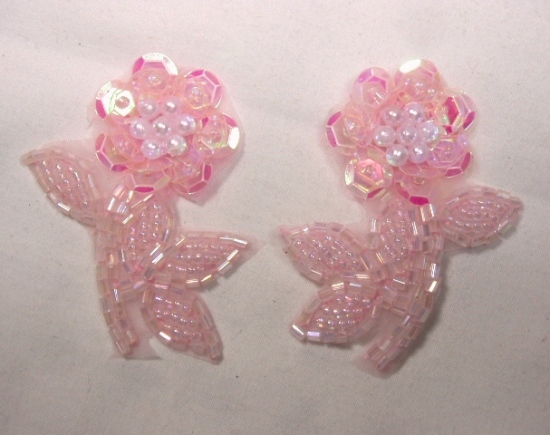 0213  Pink Crystal Flower Mirror Pair Sequin Beaded Applique
