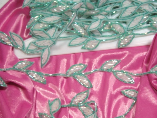 0216 Green and Crystal Leaf Vine Beaded Trim