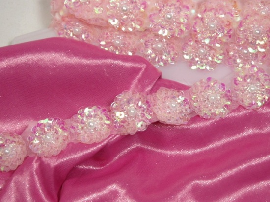0217  Pink Crystal AB Flower Sequin Beaded Trim or Applique