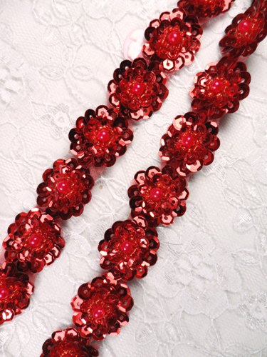 0217  Red Flower Sequin Beaded Trim
