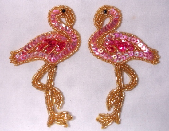 0220 Pink Flamingo Mirror Pair Sequin Beaded Appliques 4"
