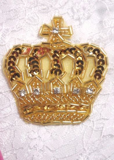 0222  Gold Rhinestone Crown Beaded Sequin Applique 2.5"