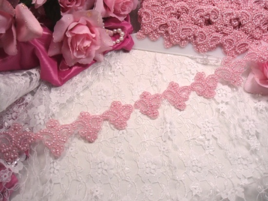 0227  Pink Pearl Victorian Beaded Trim 1.75"