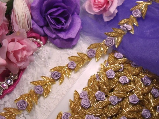 0228  Lavender Ribbon Rose Gold Beaded Trim