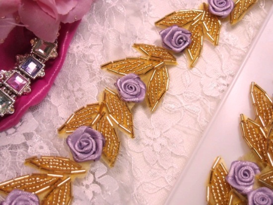 0228  Lavender Ribbon Rose Gold Beaded Trim