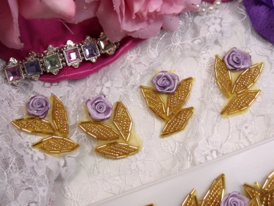 0228  ( Set of 4 )  Lavender Ribbon Rose Gold Beaded Appliques 1.75"