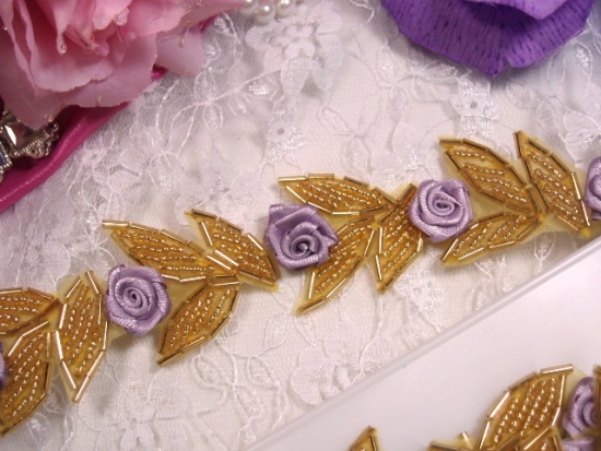 0228  Lavender Ribbon Rose Gold Beaded Trim