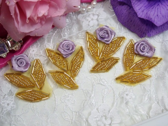 0228  ( Set of 4 )  Lavender Ribbon Rose Gold Beaded Appliques 1.75"