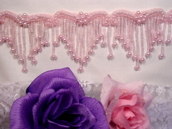 0229  Elegant Pink Beaded Victorian Trim / Appliques