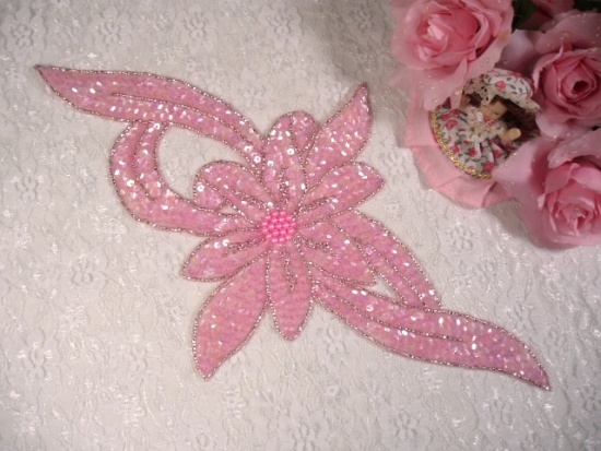 0234 Pink Floral Sequin Beaded Applique 13.75"
